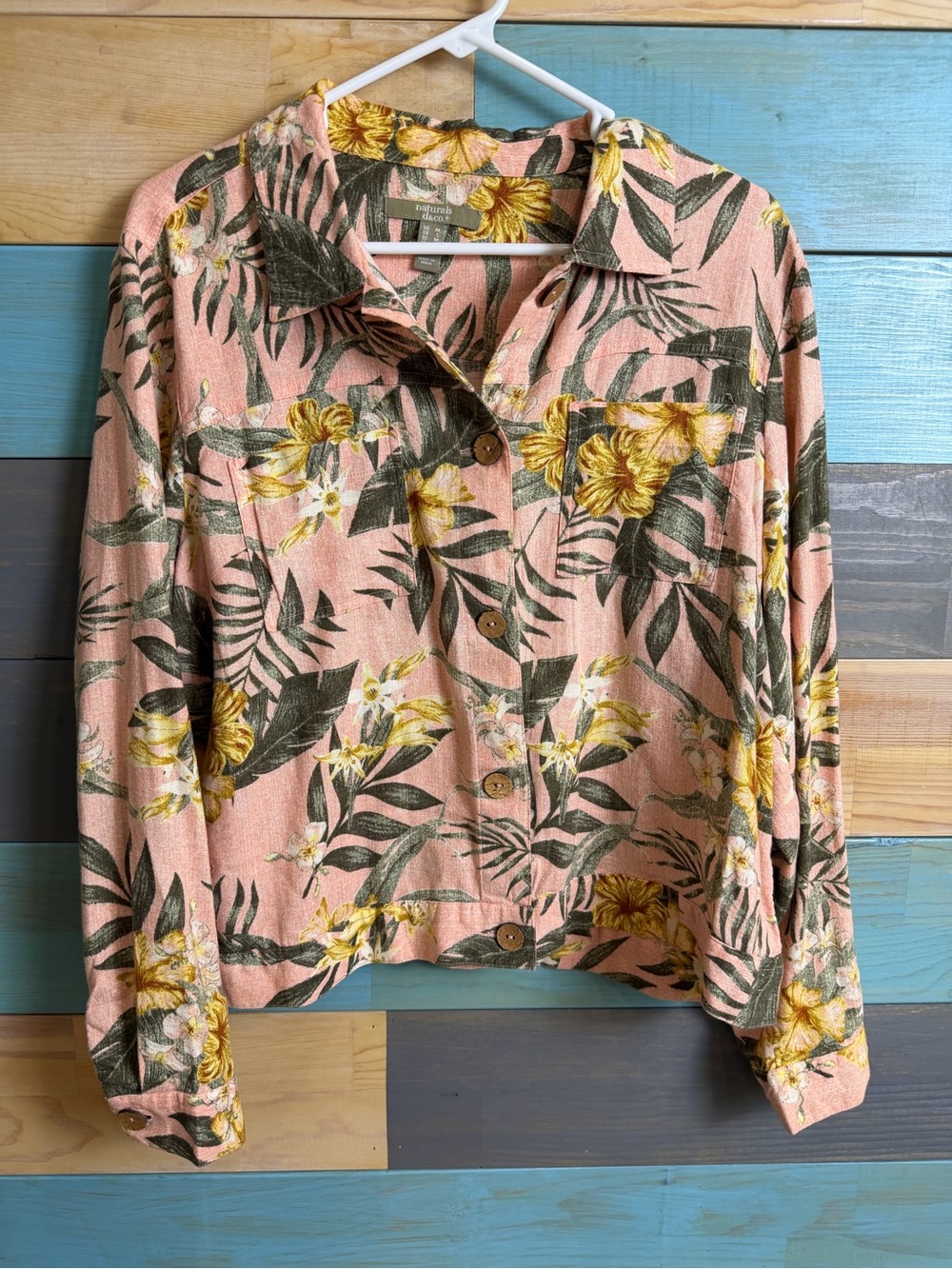 Denim&Co Naturals Linen Flax Printed Blend Jean Jacket Tropical Floral